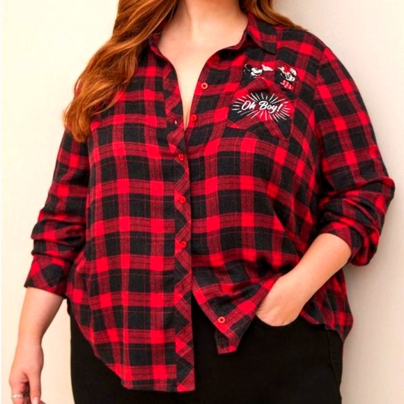 ❤️NWT VINTAGE TORRID SHIRT - MINNIE MICKEY MOUSE PLAID LONG SLEEVE BUTTON UP - Picture 1 of 9
